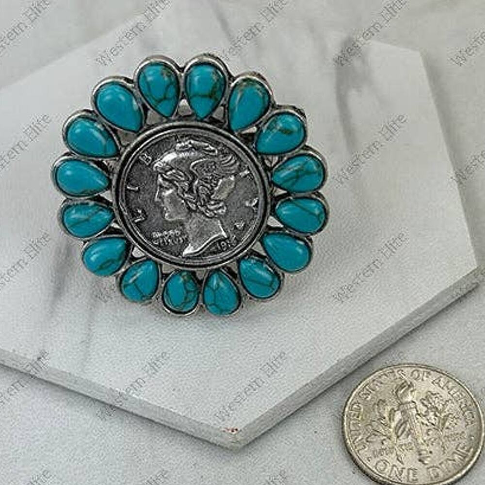 Silver & Blue Turquoise Coin Shape Ring